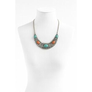 Boho Silver Statement Necklace with Turquoise & Coral Stones Ethnic Chain Design